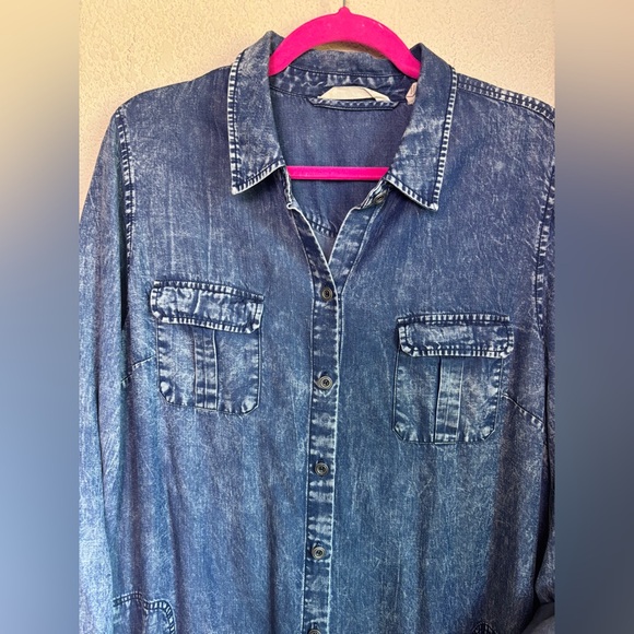 Soft Surroundings Chambray Denim Look Acid Wash Tencel Maxi Shirt Dress L Tall - Picture 4 of 12